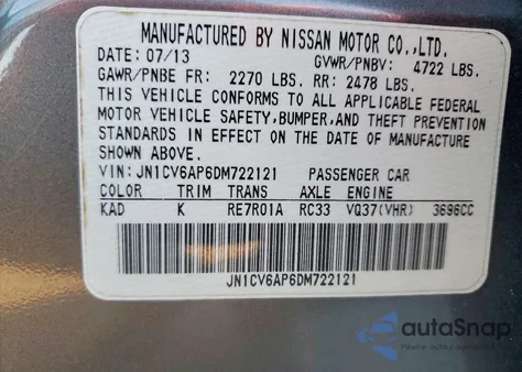 2013 Infiniti G37 Base z USA, uszkodzony, nr VIN JN1CV6AP6DM722121